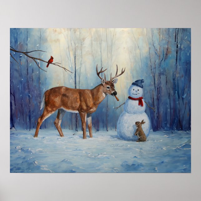 Hirsche und Happy Snowman Winterurlaubslandschaft Poster (Vorne)