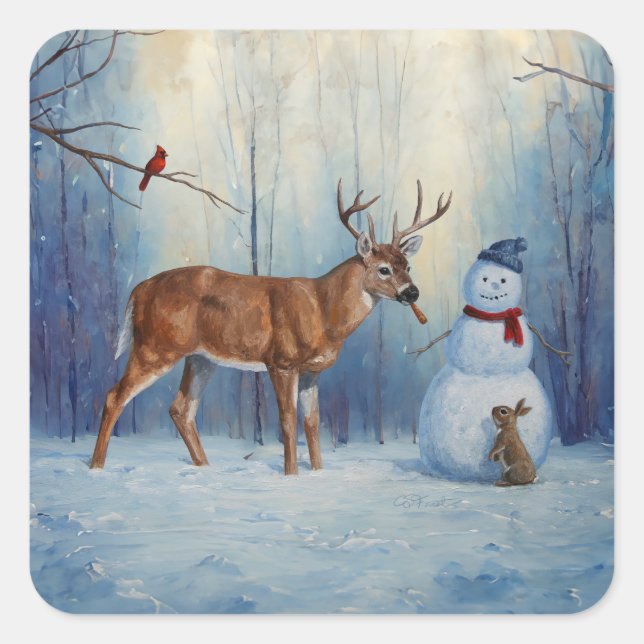Hirsche und Happy Snowman Winterurlaubslandschaft Quadratischer Aufkleber (Vorderseite)