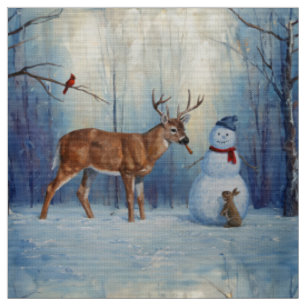 Hirsche und Happy Snowman Winterurlaubslandschaft Stoff