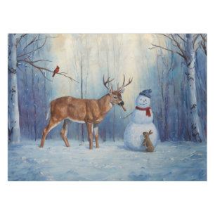 Hirsche und Happy Snowman Winterurlaubslandschaft Tischdecke