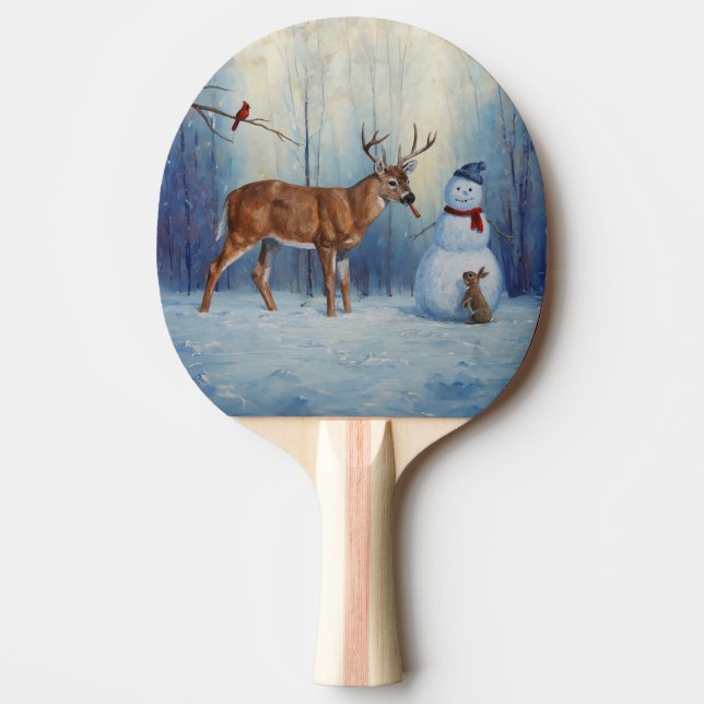 Hirsche und Happy Snowman Winterurlaubslandschaft Tischtennis Schläger (Vorderseite)