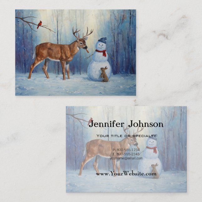 Hirsche und Happy Snowman Winterurlaubslandschaft Visitenkarte (Vorne/Hinten)