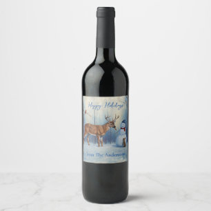 Hirsche und Happy Snowman Winterurlaubslandschaft Weinetikett