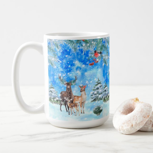 Hirsche und Robin Winter Wonderland Kaffeetasse (Mit Donut)