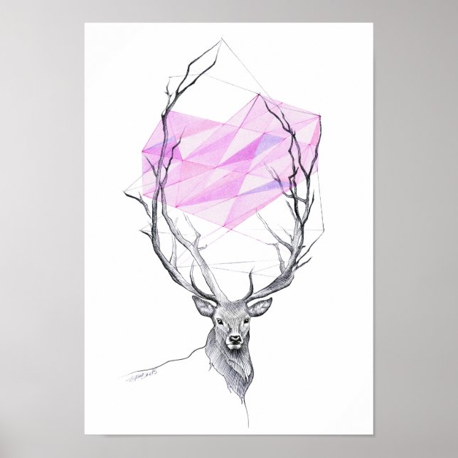 Hirsche und rosa geometrisches Herz zeichnend Tier Poster (Vorne)