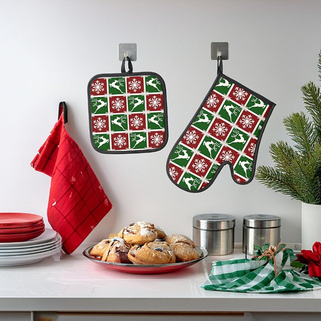 Hirsche und Schneeflocken Ofenhandschuh & Topflappen-Set (Von Creator hochgeladen)