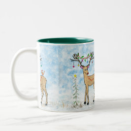 Hirsche und Vögel Weihnachtszeit-Tasse Zweifarbige Tasse