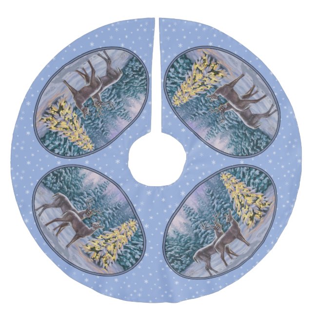 Hirsche und Weihnachtsbaum Schneeflocken Polyester Weihnachtsbaumdecke (Vorderseite)