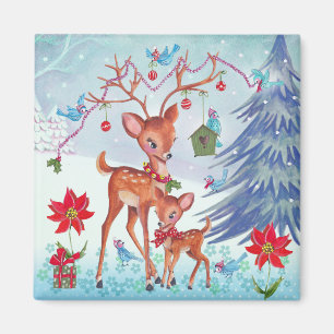 Hirsche Weihnachtsvögel Holiday Grußkarte Magnet