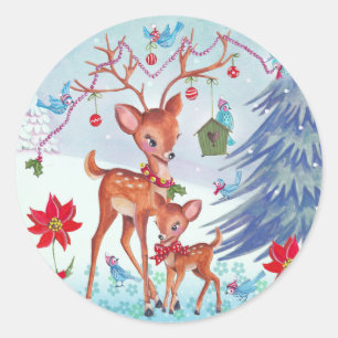 Hirsche Weihnachtsvögel   Holiday Grußkarte Runder Aufkleber