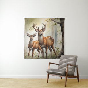 Hirschfamilie auf Waldlichtung Wildlife Wandteppich