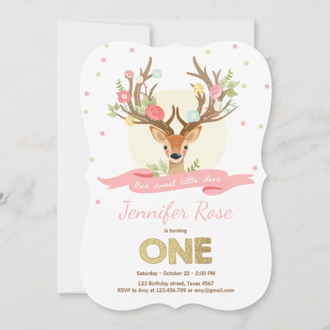 Hirschgeburt laden Antlers Woodland Gold Pink ein Einladung (Vorderseite)