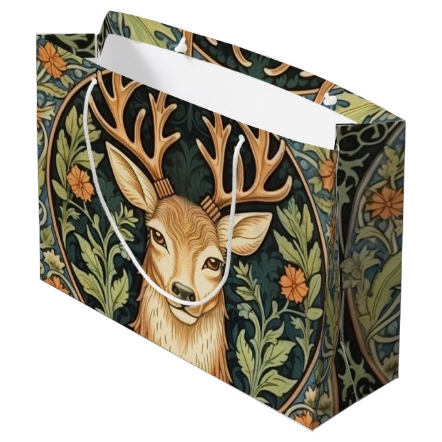 Hirschgesicht in blumengeschmückter Vintager Gesta Große Geschenktüte (Rückseite Schrägansicht)