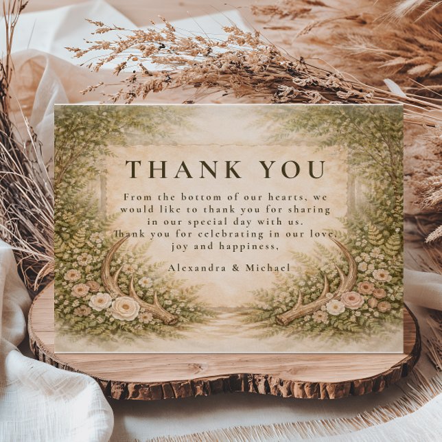 Hirschgeweih Botanische Rustikale Hochzeit Dankeskarte (Von Creator hochgeladen)