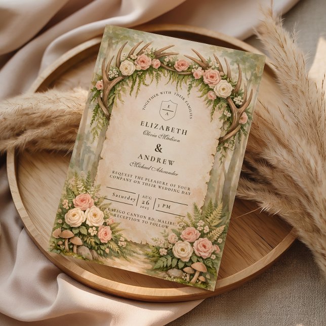 Hirschgeweih Botanische Rustikale Hochzeit Einladung (Von Creator hochgeladen)