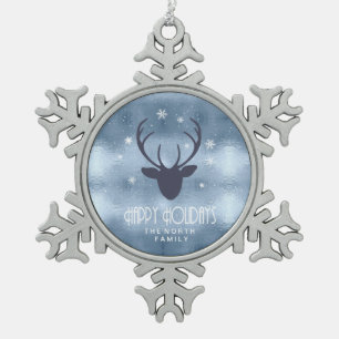 Hirschgeweih-Silhouette & Schneeflocken Blau ID861 Zinn-Ornament