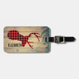 Hirschhaut mit Antlern auf Holzplanken mit Blätter Gepäckanhänger