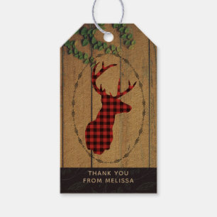 Hirschhaut mit Antlern auf Holzplanken mit Blätter Geschenkanhänger