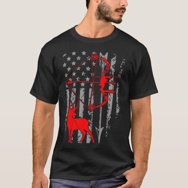 Hirschjagd Amerikanische Flagge Bow Jagd Patriotic T-Shirt (Vorderseite)