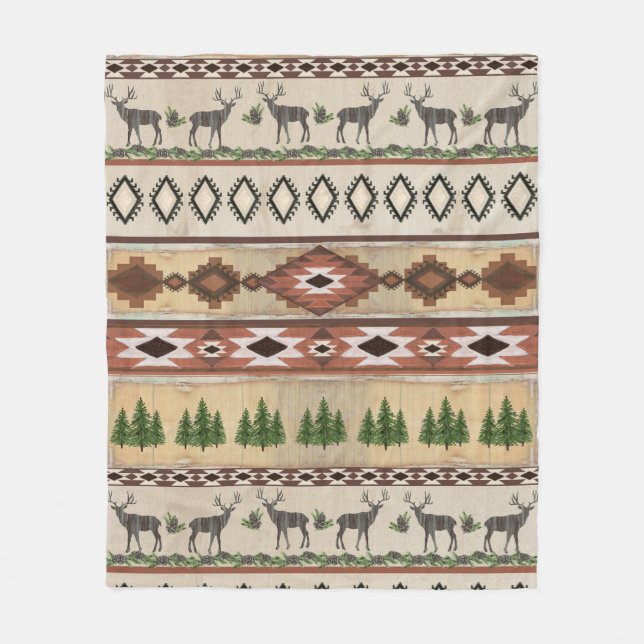 Hirschjagd Rustikale Berghütte Western Tribal Fleecedecke (Vorderseite)