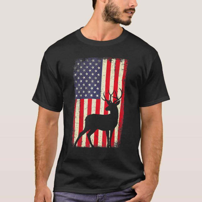 Hirschjagd Vintager amerikanischer Flaggenjäger T-Shirt (Vorderseite)