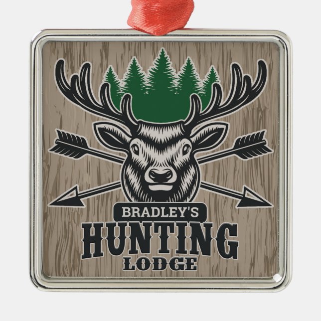 Hirschjäger ADD NAME Bow Hunting Lodge Hütte Ornament Aus Metall (Vorne)