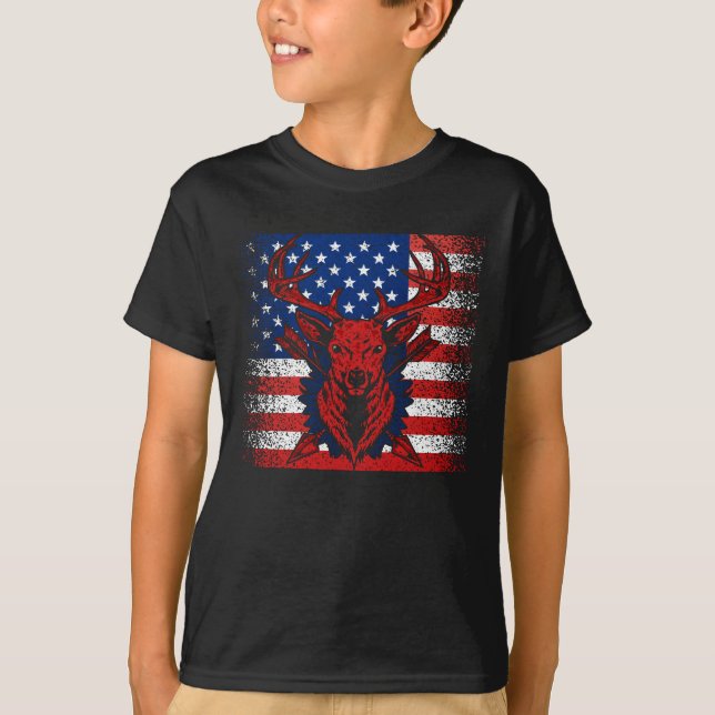 Hirschjäger Hirschschädel auf amerikanischer Flagg T-Shirt (Vorderseite)