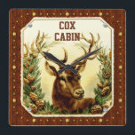 Hirschkabine Holzkörner Vintag kundenspezifisch Quadratische Wanduhr<br><div class="desc">Diese rustikale, quadratische Wanduhr eignet sich hervorragend, um Ihrer Kabine, Lodge oder Zuhause eine personalisierte Touch hinzuzufügen, die sich durch die Natur- und Tierdekoration auszeichnet. Es zeigt ein Vintage Bild eines Buchhirsches / Rentiers mit großen Geweih, aufgefärbt, um Helligkeit und Klarheit zu erhöhen, eingebettet zwischen Kiefernwäldern. Der Hintergrund ist wie...</div>