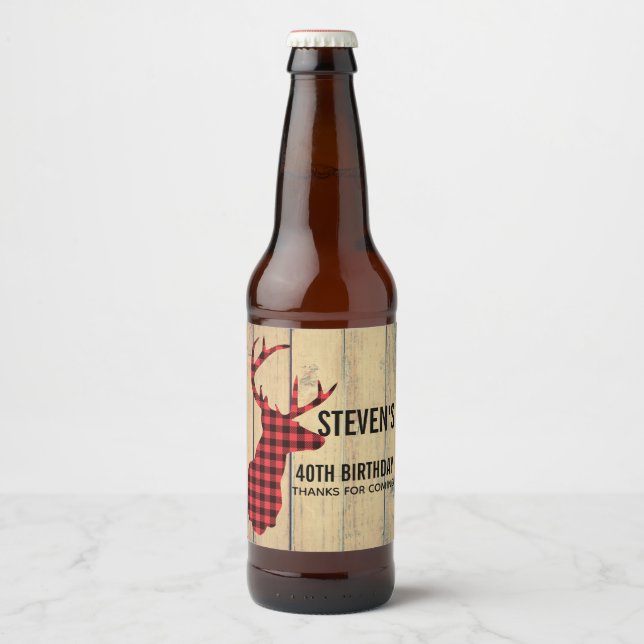 Hirschkopf mit Antlern auf Imitaten Holz Bierflaschenetikett (Vorderseite)