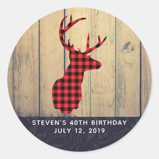 Hirschkopf mit Antlern auf Imitaten Wood Birthday Runder Aufkleber (Vorderseite)
