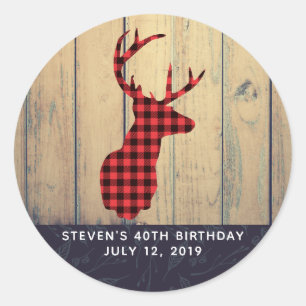Hirschkopf mit Antlern auf Imitaten Wood Birthday Runder Aufkleber
