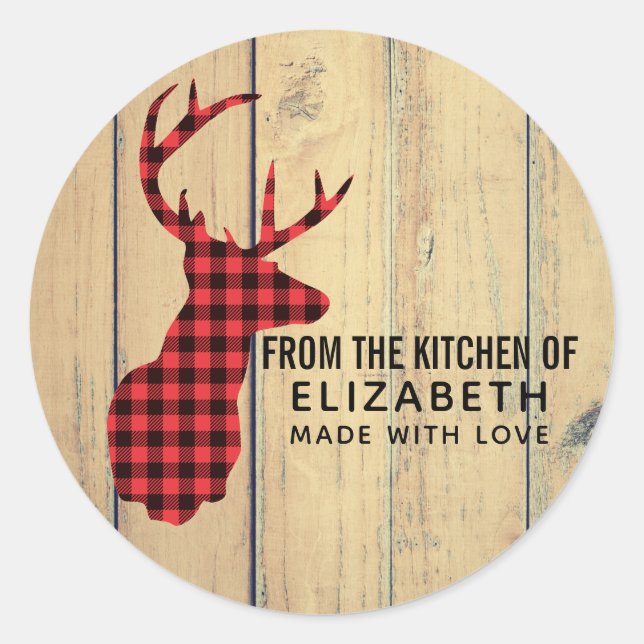 Hirschkopf mit Antlern auf Imitaten Wood Kitchen Runder Aufkleber (Vorderseite)