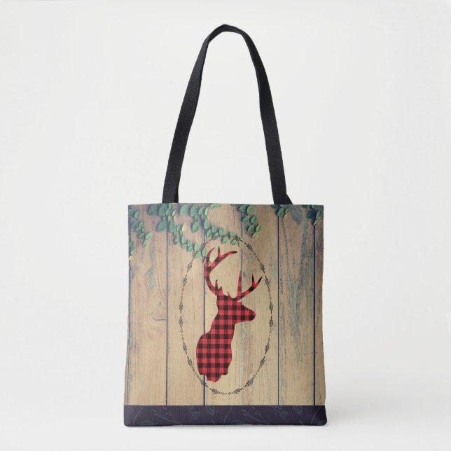 Hirschkopf mit Antlers - Kariert roter Rustikal Tasche (Vorderseite)