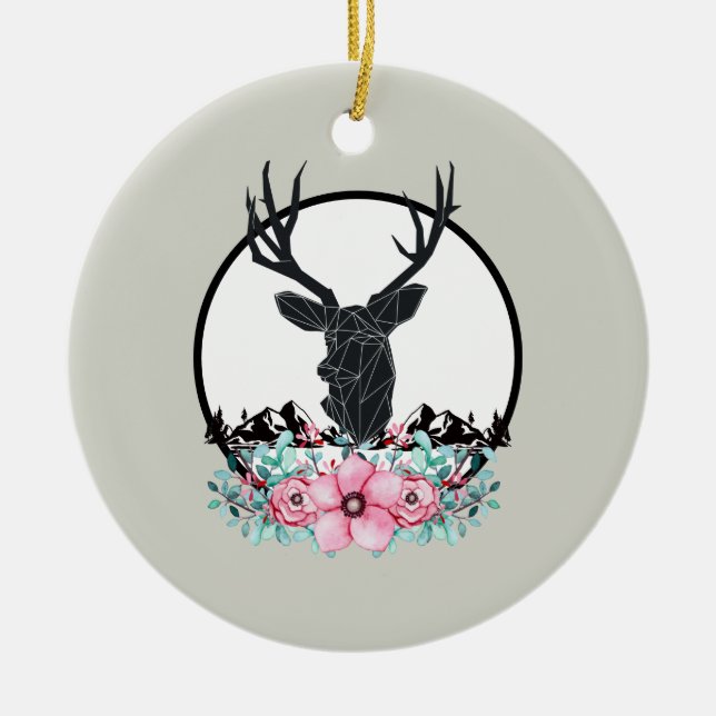 Hirschkopf mit Blume und Bergen Hochzeiten Keramik Ornament (Vorne)