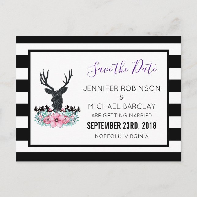 Hirschkopf mit Blume und Gebirge Save the Date Ankündigungspostkarte (Vorderseite)