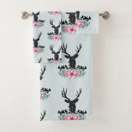 Hirschkopf mit Blume und Gebirgsmuster Badhandtuch Set