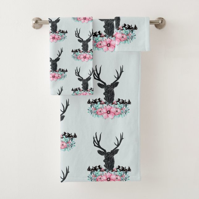 Hirschkopf mit Blume und Gebirgsmuster Badhandtuch Set (Insitu)