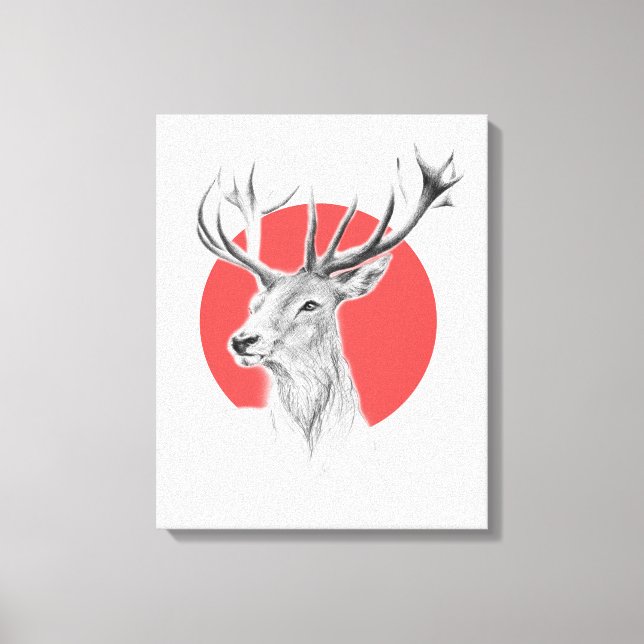 Hirschkopf Stag zeichnend Roter Kreis Tierart Leinwanddruck (Vorderseite)