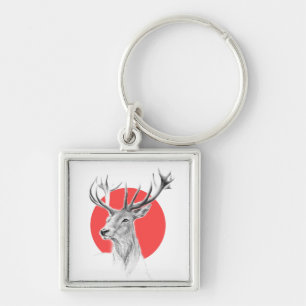 Hirschkopf Stag zeichnend Roter Kreis Tierart Schlüsselanhänger