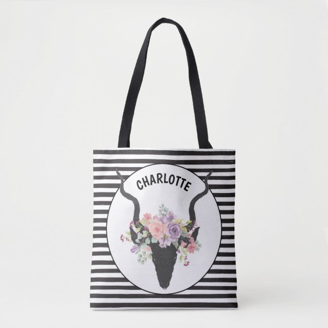 Hirschkopf und Rose personalisiert Tasche (Vorderseite)