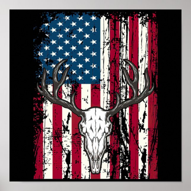 Hirschkopfschädel Jagd Amerikanische Flagge Poster (Vorne)