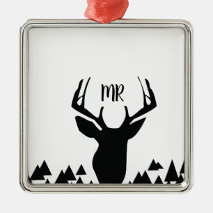 Hirschliebhaber Schwarz-Weiß-Monogramm Weihnachtsg Ornament Aus Metall