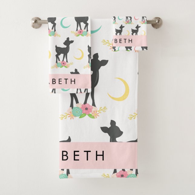 Hirschmuster, Baby Deer, Boho, Blume, Ihr Name Badhandtuch Set (Insitu)