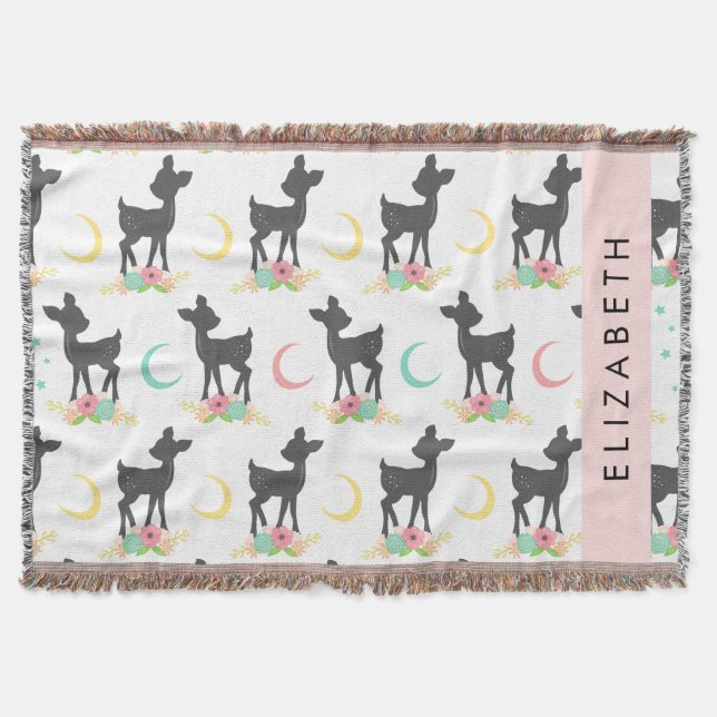 Hirschmuster, Baby Deer, Boho, Blume, Ihr Name Decke (Vorderseite)