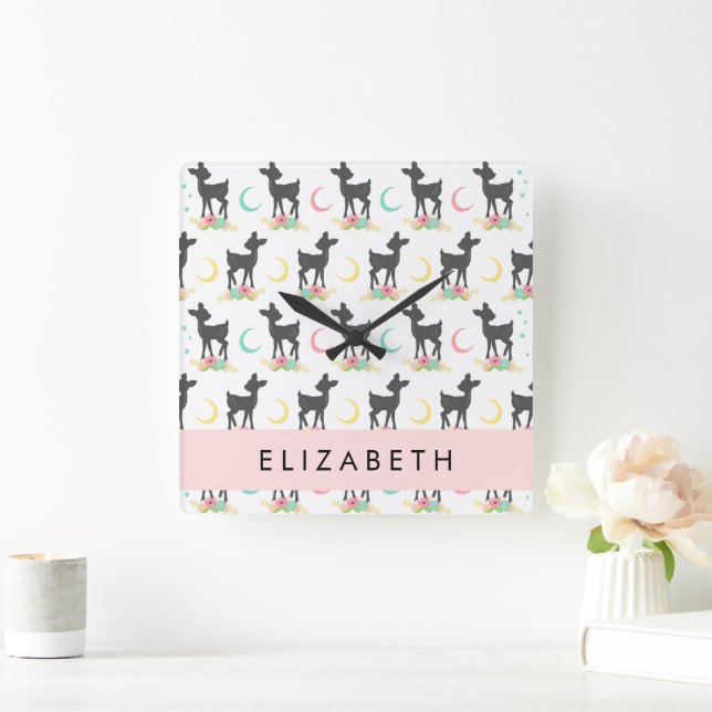 Hirschmuster, Baby Deer, Boho, Blume, Ihr Name Quadratische Wanduhr (Zuhause)