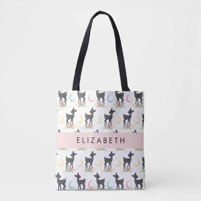 Hirschmuster, Baby Deer, Boho, Blume, Ihr Name Tasche (Vorderseite)