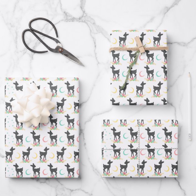 Hirschmuster, Baby Deer, Boho, Blume, Mond Geschenkpapier Set (Vorderseite)