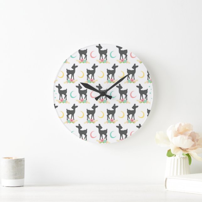 Hirschmuster, Baby Deer, Boho, Blume, Mond Große Wanduhr (Zuhause)
