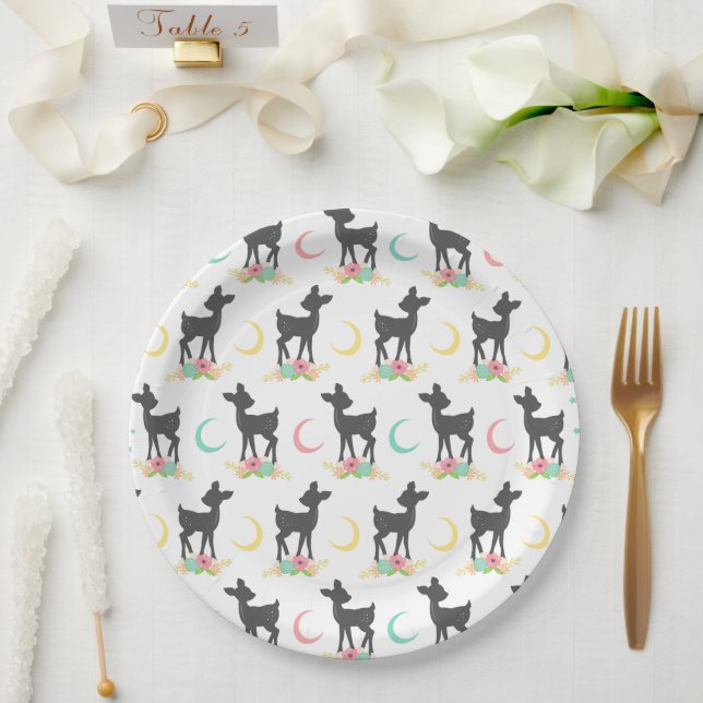 Hirschmuster, Baby Deer, Boho, Blume, Mond Pappteller (Hochzeit)