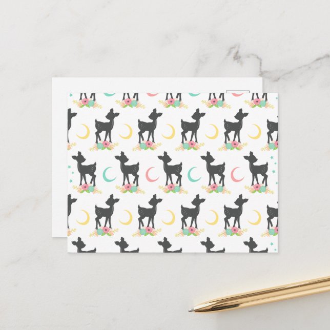 Hirschmuster, Baby Deer, Boho, Blume, Mond Postkarte (Vorderseite/Rückseite Beispiel)